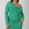 Kaiia CURVE TWIST WRAP GATHER LONG SLEEVE MINI DRESS GREEN