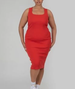 Kaiia CURVE BODYCON SCOOP NECK MIDI DRESS RED CLOTHING