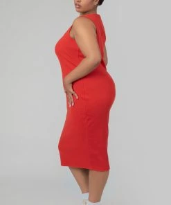 Kaiia CURVE BODYCON SCOOP NECK MIDI DRESS RED CLOTHING