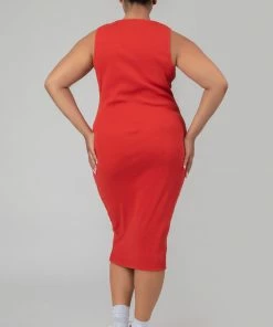 Kaiia CURVE BODYCON SCOOP NECK MIDI DRESS RED CLOTHING