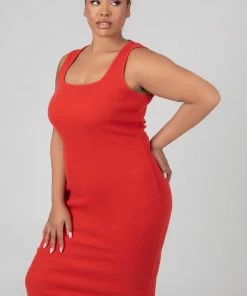 Kaiia CURVE BODYCON SCOOP NECK MIDI DRESS RED CLOTHING