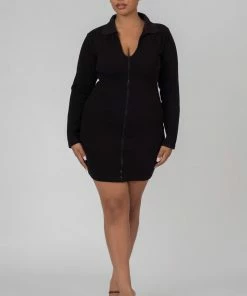 Kaiia CURVE ZIP THROUGH COLLARED MINI DRESS BLACK