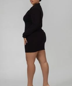 Kaiia CURVE ZIP THROUGH COLLARED MINI DRESS BLACK