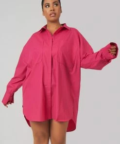 Kaiia CLOTHING CURVE OVERSIZED POPLIN SHIRT DRESS PINK