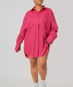 Kaiia CLOTHING CURVE OVERSIZED POPLIN SHIRT DRESS PINK