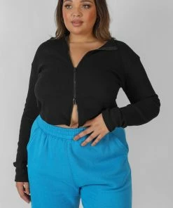 Kaiia CURVE DOUBLE ENDED ZIP RIB TOP BLACK CLOTHING
