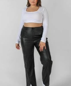 Kaiia CURVE SCOOP NECK LONG SLEEVE CROP TOP WHITE CLOTHING