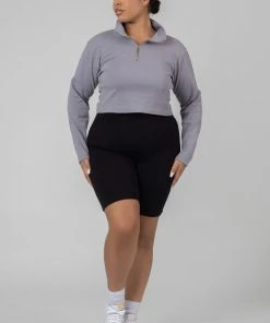 Kaiia CLOTHING CURVE HIGH NECK HALF ZIP TOP GREY ACID WASH