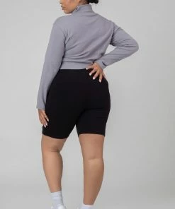 Kaiia CLOTHING CURVE HIGH NECK HALF ZIP TOP GREY ACID WASH