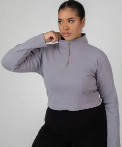 Kaiia CLOTHING CURVE HIGH NECK HALF ZIP TOP GREY ACID WASH