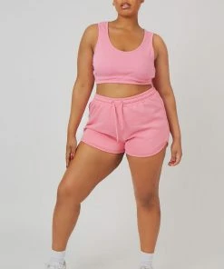Kaiia CURVE ELASTICATED WAIST SWEAT SCOOP NECK CROP TOP PINK