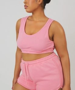 Kaiia CURVE ELASTICATED WAIST SWEAT SCOOP NECK CROP TOP PINK