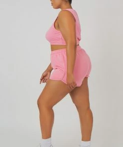 Kaiia CURVE ELASTICATED WAIST SWEAT SCOOP NECK CROP TOP PINK