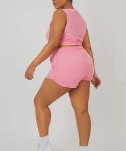 Kaiia CURVE ELASTICATED WAIST SWEAT SCOOP NECK CROP TOP PINK