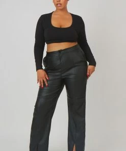 Kaiia CURVE PU SEAM FRONT SPLIT DETAIL TROUSERS BLACK CLOTHING