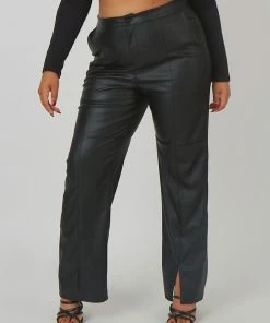 Kaiia CURVE PU SEAM FRONT SPLIT DETAIL TROUSERS BLACK CLOTHING