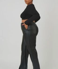 Kaiia CURVE PU SEAM FRONT SPLIT DETAIL TROUSERS BLACK CLOTHING