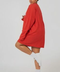 Kaiia CURVE COLUMBIA SLOGAN LONG SLEEVED T-SHIRT DRESS RED