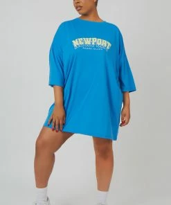 Kaiia CURVE NEWPORT GRAPHIC T-SHIRT DRESS BLUE TOPS