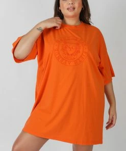 Kaiia CLOTHING CURVE MANHATTAN EMBROIDERED OVERSIZED T-SHIRT DRESS ORANGE