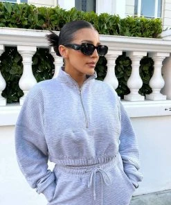 Kaiia CLOTHING HALF ZIP RIBBED CROPPED SWEATSHIRT GREY MARL