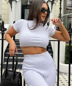 Kaiia HIGH NECK RIBBED CROPPED T SHIRT OATMEAL MARL