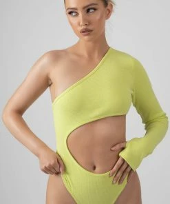 Kaiia CLOTHING RIBBED CUT OUT ONE SLEEVE BODYSUIT LIME