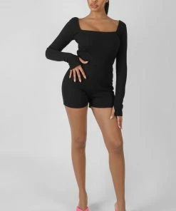 Kaiia LONG SLEEVED RIBBED SHORT UNITARD BLACK CLOTHING