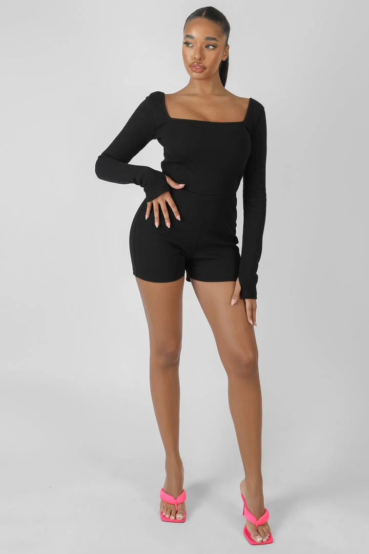 Kaiia LONG SLEEVED RIBBED SHORT UNITARD BLACK CLOTHING 4 Kaiia LONG SLEEVED RIBBED SHORT UNITARD BLACK CLOTHING
