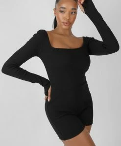 Kaiia LONG SLEEVED RIBBED SHORT UNITARD BLACK CLOTHING