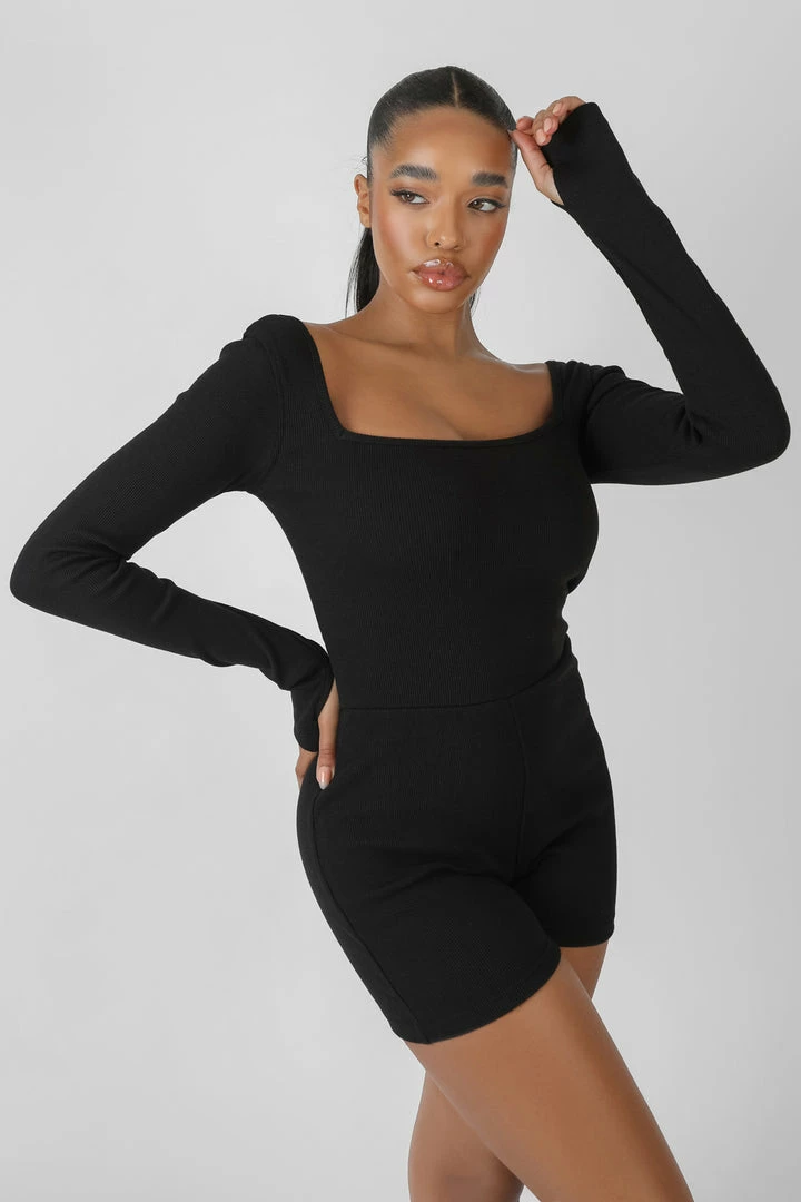 Kaiia LONG SLEEVED RIBBED SHORT UNITARD BLACK CLOTHING 3 Kaiia LONG SLEEVED RIBBED SHORT UNITARD BLACK CLOTHING