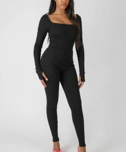 Kaiia LONG SLEEVE SQUARE NECK RIBBED JUMPSUIT BLACK CLOTHING