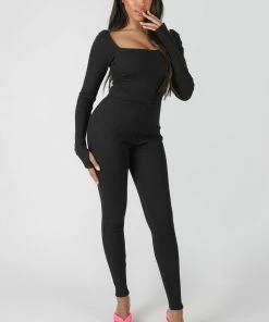 Kaiia LONG SLEEVE SQUARE NECK RIBBED JUMPSUIT BLACK CLOTHING