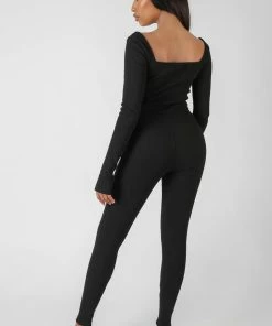 Kaiia LONG SLEEVE SQUARE NECK RIBBED JUMPSUIT BLACK CLOTHING