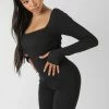 Kaiia LONG SLEEVE SQUARE NECK RIBBED JUMPSUIT BLACK CLOTHING