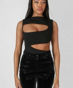 Kaiia CLOTHING ASYMMETRIC CUT AWAY BODYSUIT BLACK