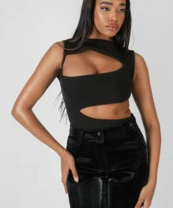 Kaiia CLOTHING ASYMMETRIC CUT AWAY BODYSUIT BLACK