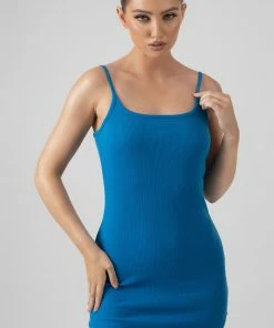 Kaiia STRAPPY MINI CURVED HEM DRESS BLUE CLOTHING