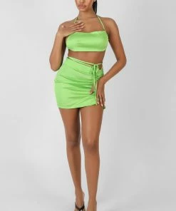 Kaiia CLOTHING SATIN RUCHED DETAIL MINI SKIRT GREEN