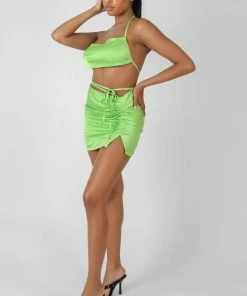 Kaiia CLOTHING SATIN RUCHED DETAIL MINI SKIRT GREEN