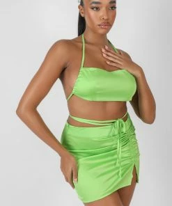Kaiia CLOTHING SATIN RUCHED DETAIL MINI SKIRT GREEN