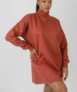 Kaiia HIGH NECK EMBROIDERED SWEATER DRESS RUST CLOTHING