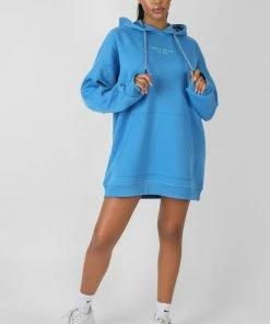 Kaiia CLOTHING CONTRAST STITCH SLOGAN HOODIE SWEAT DRESS BLUE
