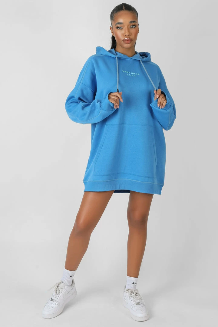 Kaiia CLOTHING CONTRAST STITCH SLOGAN HOODIE SWEAT DRESS BLUE 3 Kaiia CLOTHING CONTRAST STITCH SLOGAN HOODIE SWEAT DRESS BLUE