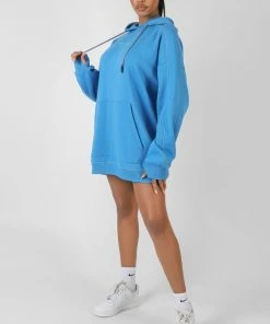 Kaiia CLOTHING CONTRAST STITCH SLOGAN HOODIE SWEAT DRESS BLUE