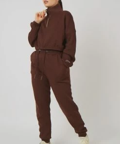 Kaiia CLOTHING OVERSIZED HALF ZIP GATHERED HEM SWEAT CHOCOLATE