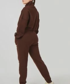 Kaiia CLOTHING OVERSIZED HALF ZIP GATHERED HEM SWEAT CHOCOLATE