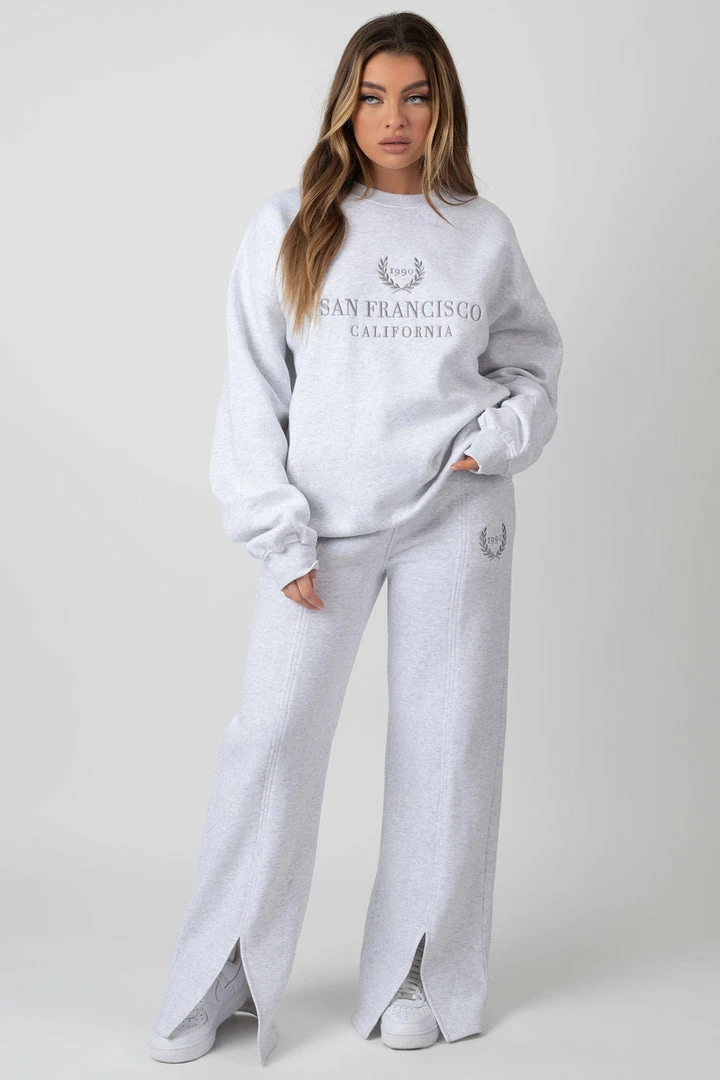 Kaiia OVERSIZED FIT EMBROIDERED SPLIT FRONT JOGGERS OATMEAL MARL 3 Kaiia OVERSIZED FIT EMBROIDERED SPLIT FRONT JOGGERS OATMEAL MARL