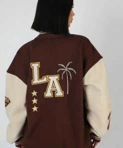 Kaiia LA PALM TREE VARSITY JACKET CHOCOLATE CLOTHING