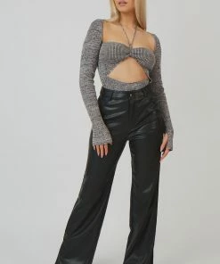 Kaiia CLOTHING SPACE DYE CUT OUT STRAPPY LONG SLEEVE BODYSUIT BROWN